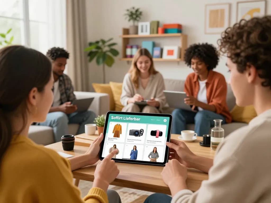 Lebendige E-Commerce-Szene, die Sofort Lieferbar Produkte in einem stilvollen Wohnumfeld mit engagierten Käufern zeigt.