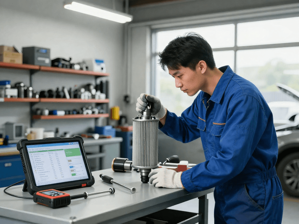 Mechaniker bei der DPF Reinigung in einer Werkstatt mit professionellem Werkzeug.
