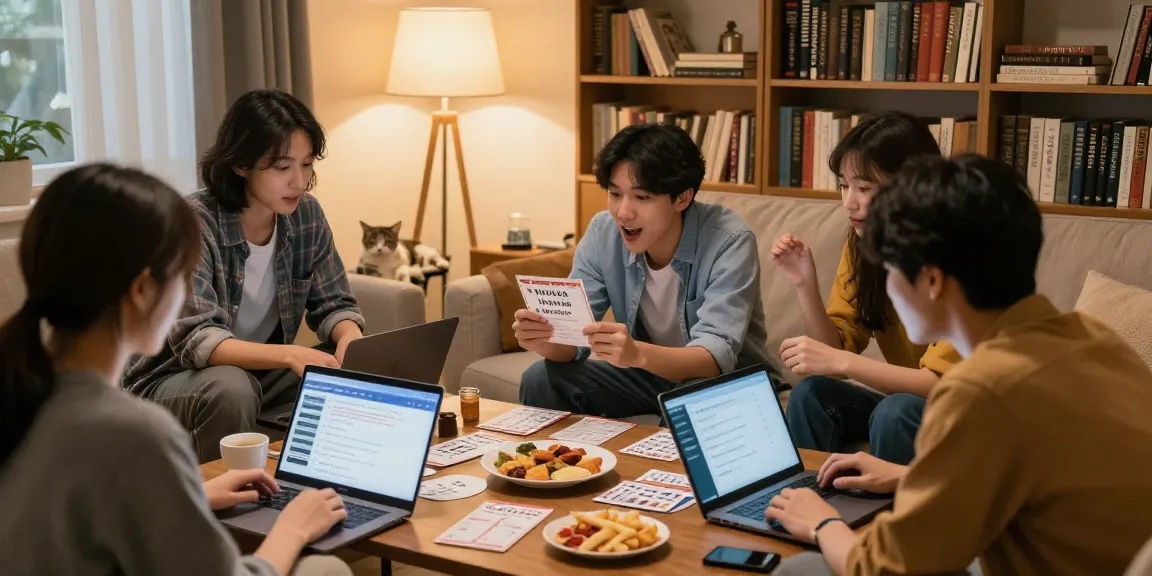 Freunde beim Quiz Allgemeinwissen in gemütlichem Wohnzimmer mit Snacks und Laptops.