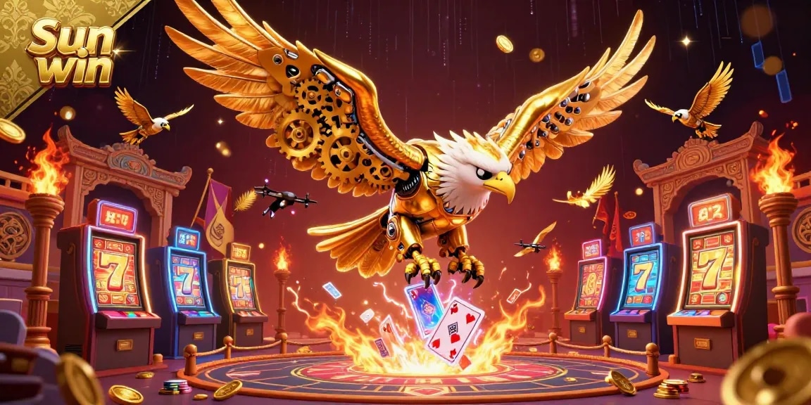 Experience thrilling gameplay with the Sun win brand in this vibrant casino illustration featuring a cybernetic eagle amidst dynamic gaming elements.