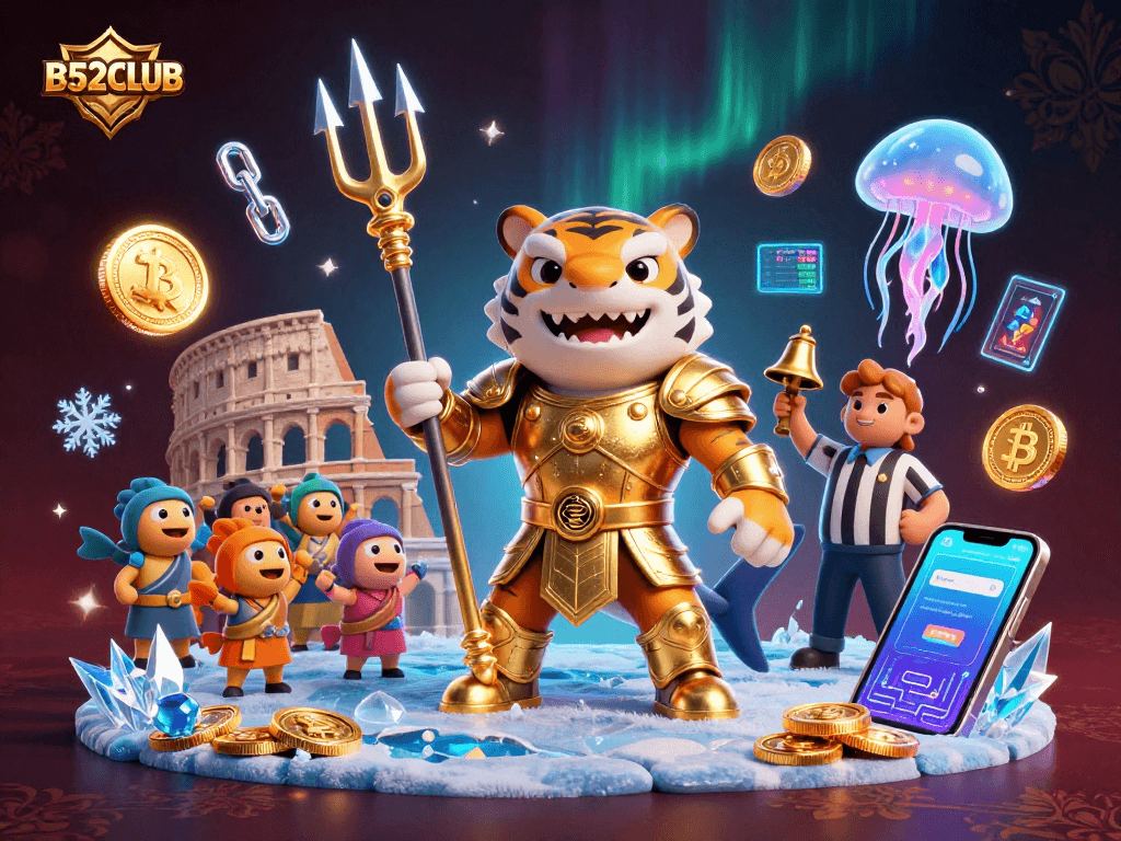 Experience thrilling gameplay at B52CLUB with a vibrant 3D scene featuring a tiger shark gladiator.