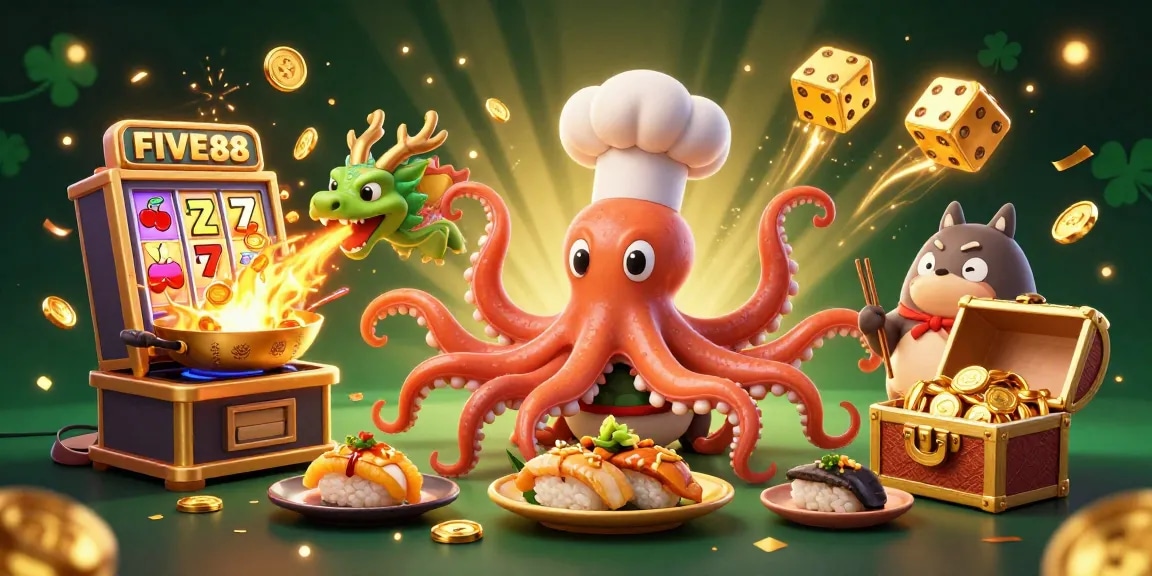 Experience exciting games at FIVE88 with a captivating 3D illustration of winnings and lively characters.