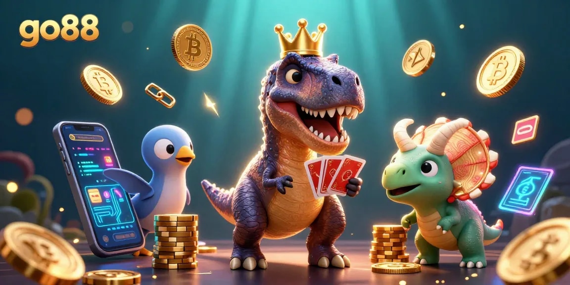 Experience go88 like never before with this vibrant 3D scene showcasing a friendly dinosaur-themed casino.