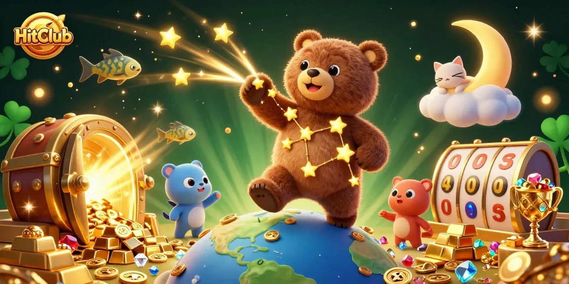 HitClub players celebrate wins as golden stars and jackpot slots illuminate the night sky.