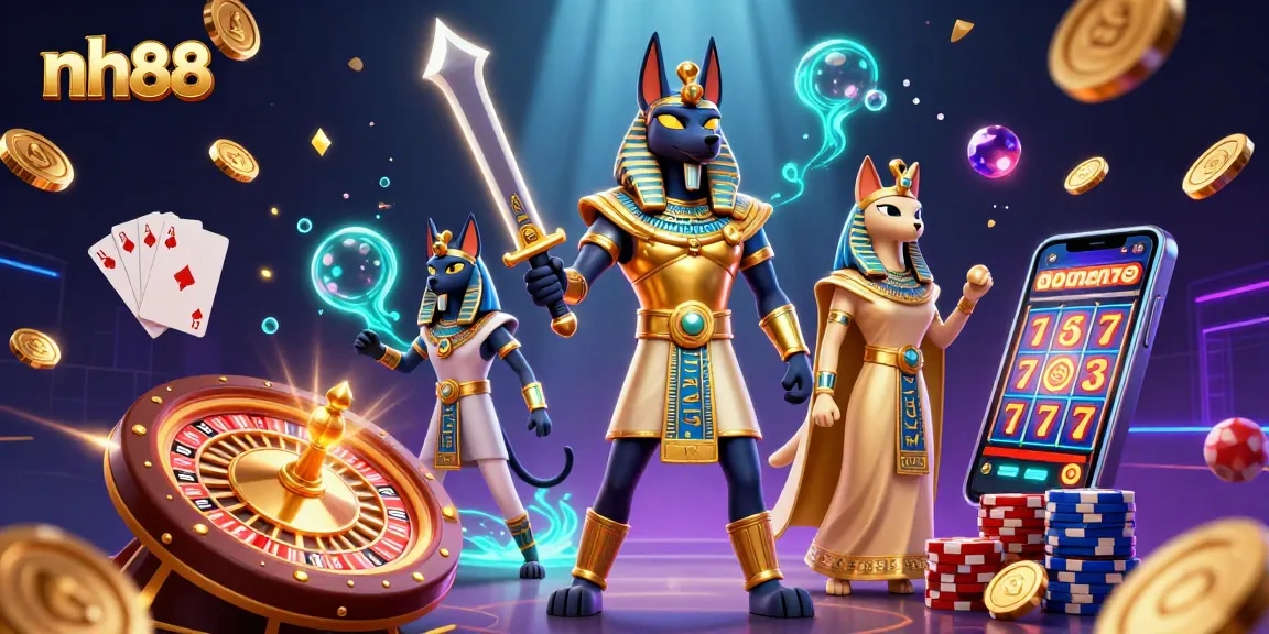 Experience thrilling gameplay at nh88 with Anubis and Bastet amid gold and vibrant casino elements.