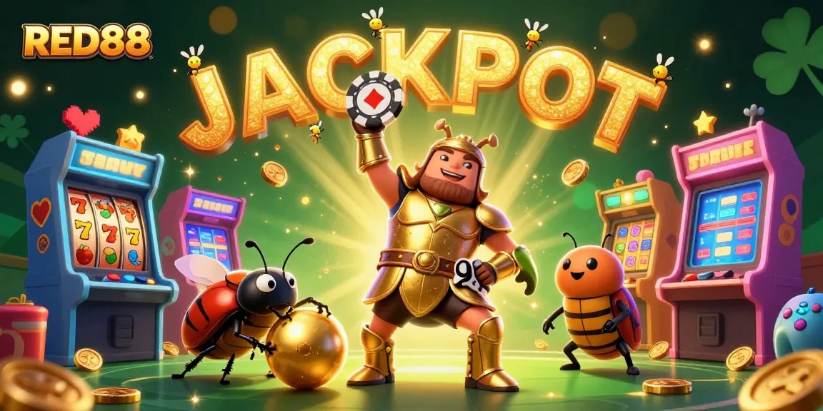 Engage with thrilling casino action at RED88, featuring a victorious beetle holding a poker chip.