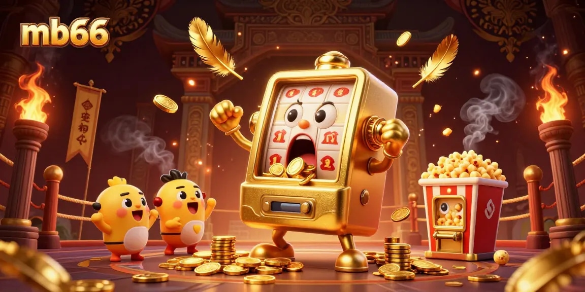 Spin the mb66 golden slot machine while coins pour out in a vibrant casino scene, enhancing your gaming experience.