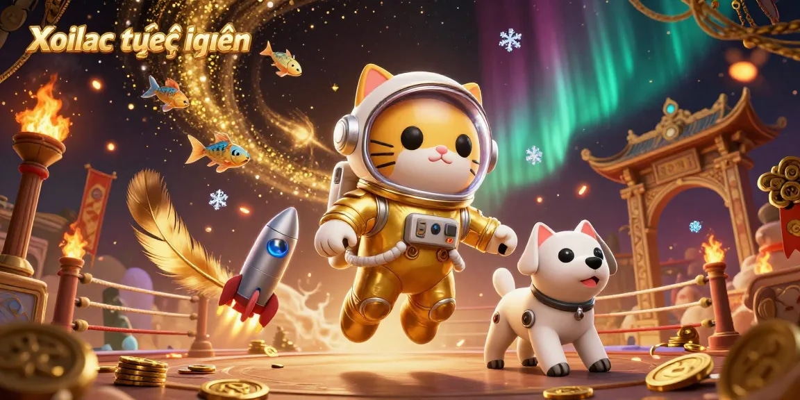 Xoilac trực tuyến features a dynamic casino scene with an astronaut cat and robot dog in space.