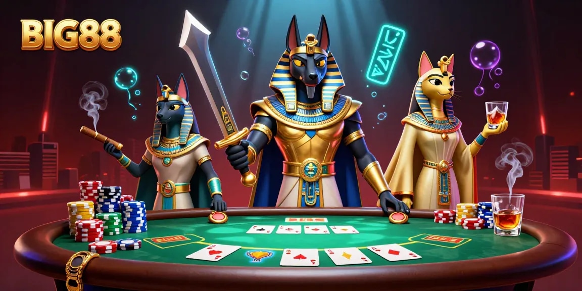 Experience excitement at BIG88 with the 3D Egyptian-themed poker scene, featuring Anubis and Bastet.