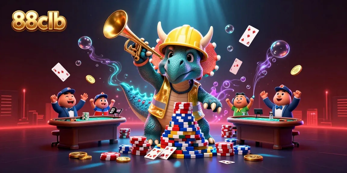 Engage with live games at 88clb, featuring a triceratops building poker chips and dynamic casino elements.