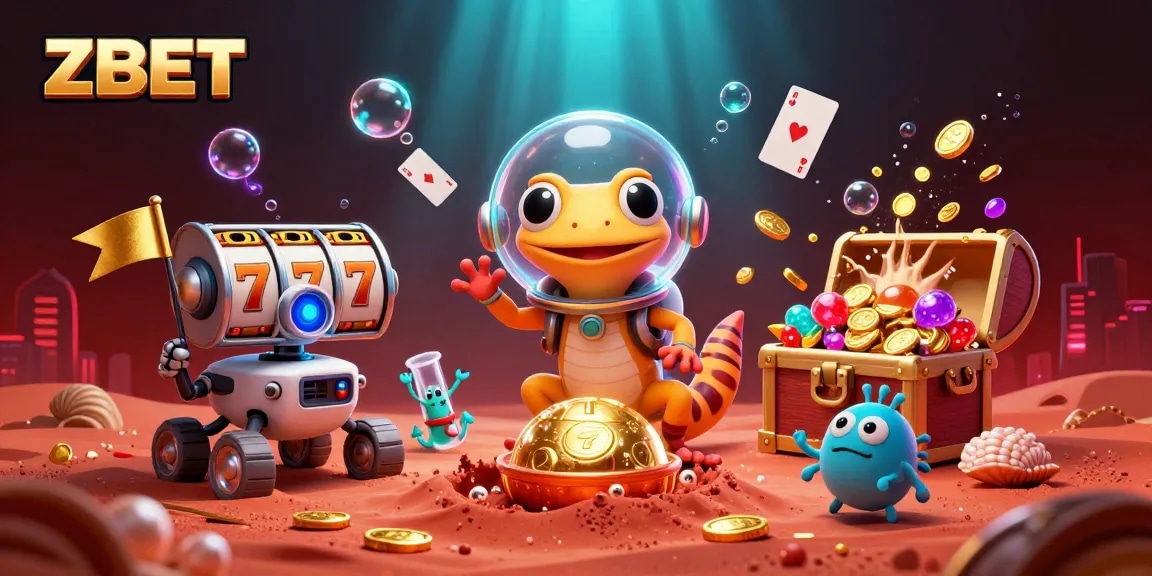 ZBET showcases a Martian gecko discovering a jackpot casino in an alien landscape.