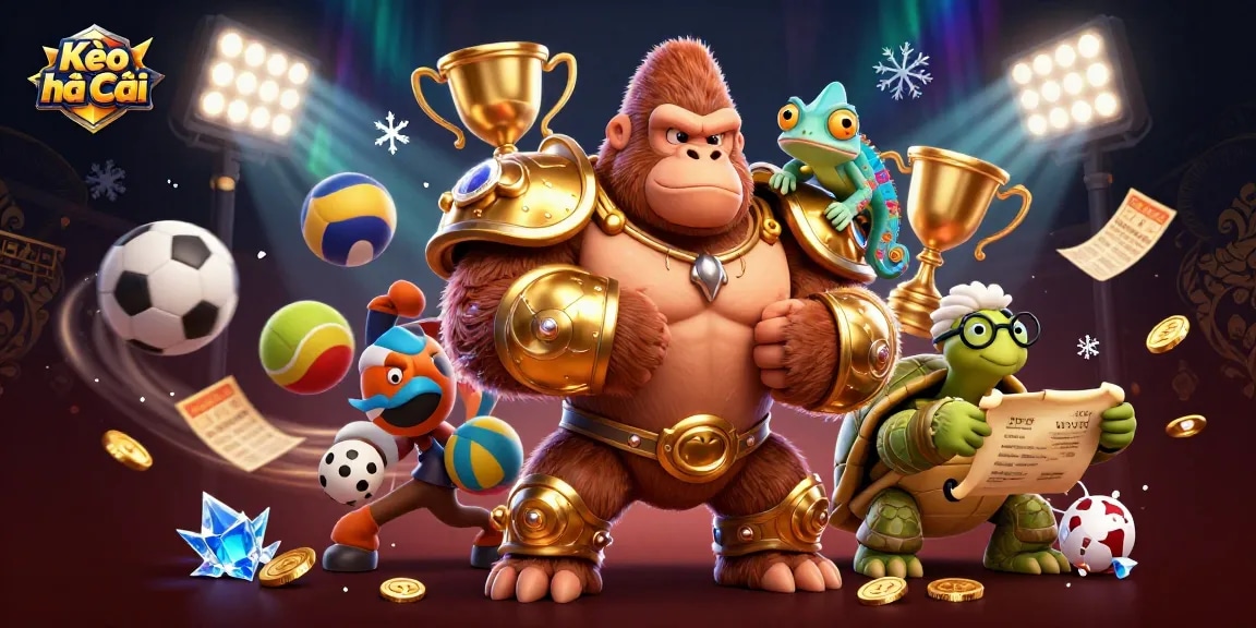 Kèo nhà cái sports betting scene with gorilla king, chameleon companion, and wise tortoise illustrating dynamic action.