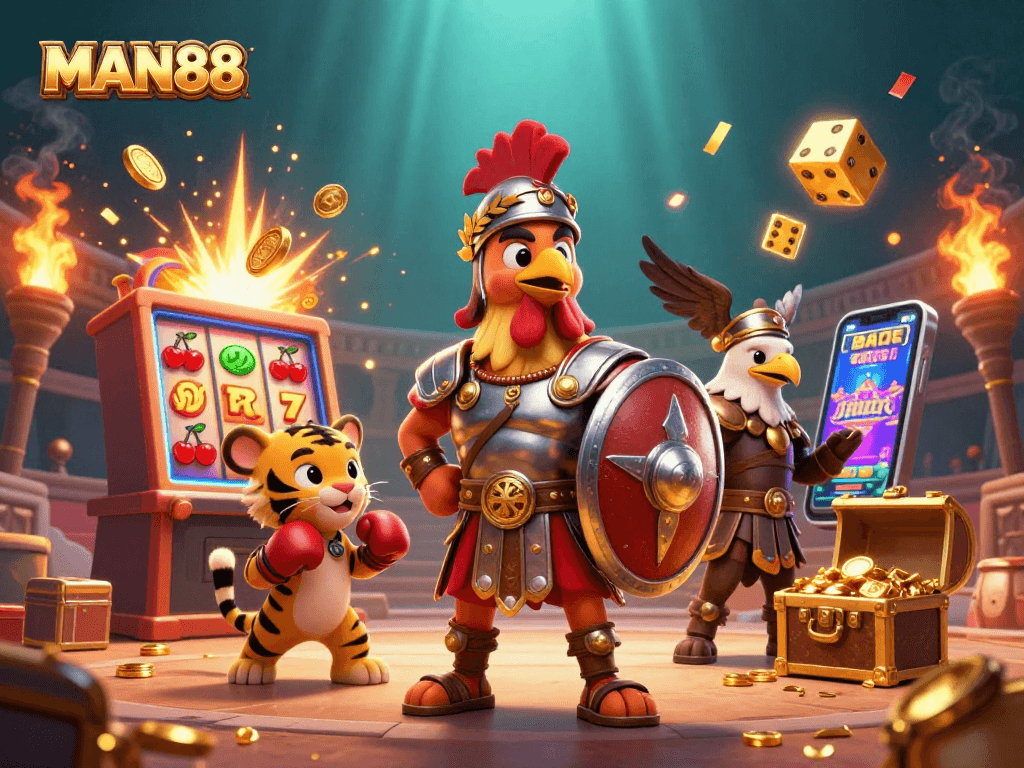 Experience thrilling victories with MAN88 at the dynamic gambling arena featuring 3D characters and jackpot elements.