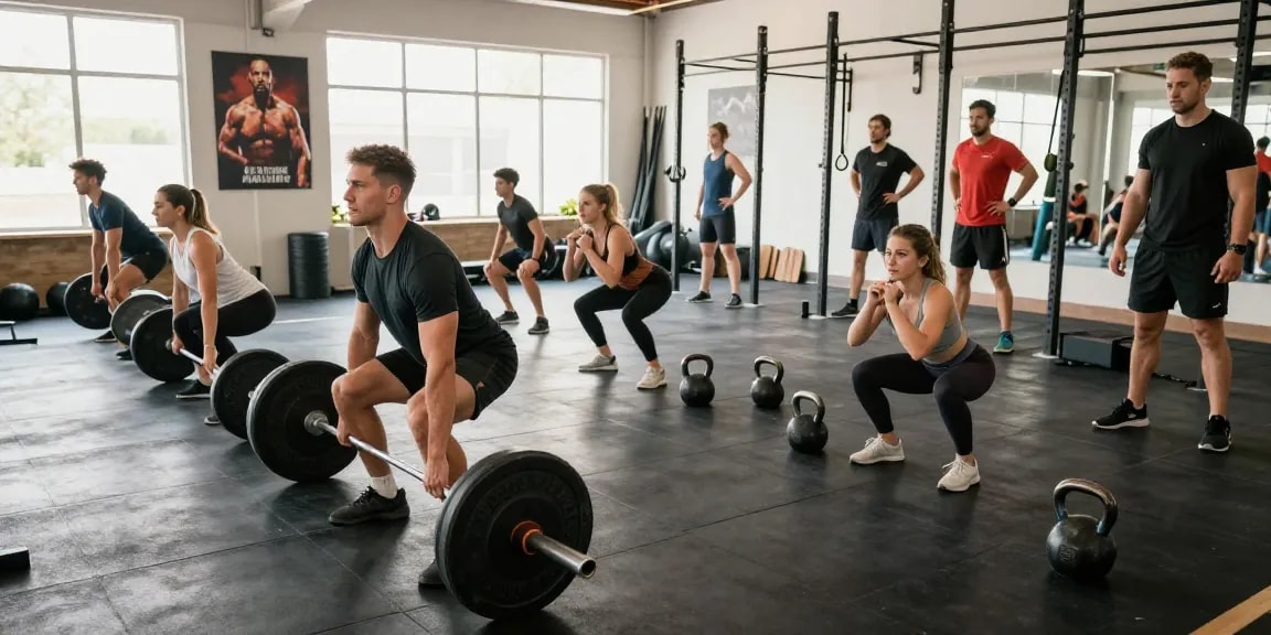 Aktive Fitnessszene im Steroidshop mit Bodybuilder beim Training und motivierender Atmosphäre.