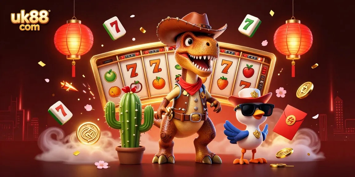 Experience thrilling gaming action at uk88 com with a cartoon dinosaur and slot elements.