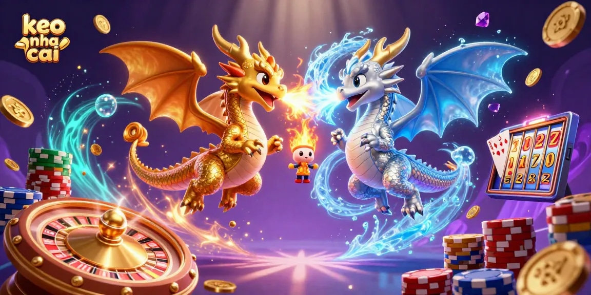 Engage with the thrilling world of keo nha cai featuring golden and silver dragons amidst a dynamic casino scene.