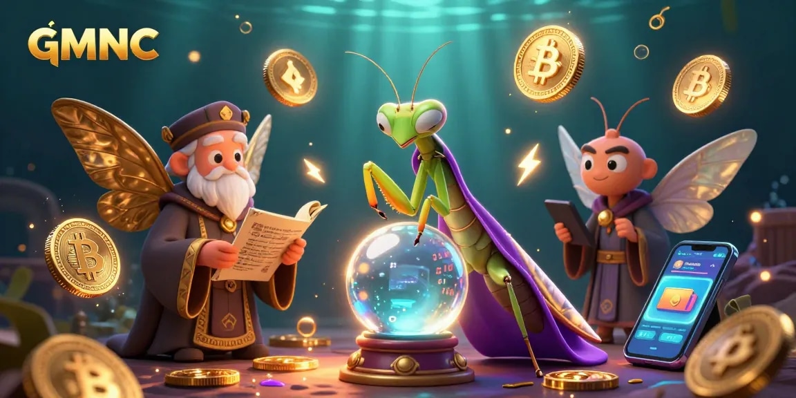 Engage with GMNC in a vibrant crypto-themed casino illustration showcasing fortune teller and ethereal designs.
