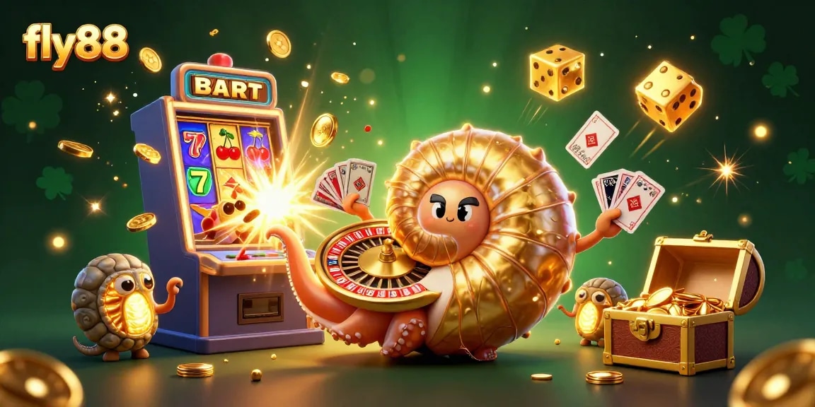 Experience the thrill of gaming at fly88 with a vibrant 3D casino scene full of dynamic elements.