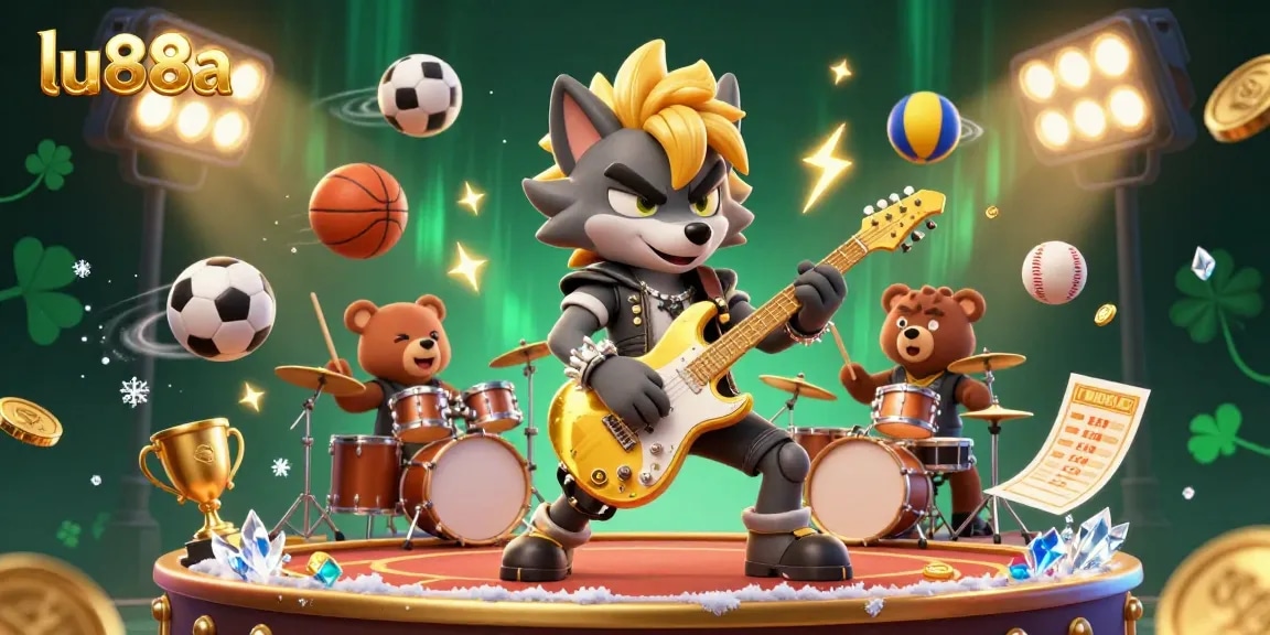 lu88a electrifying casino stage with a rock star wolf and dynamic sports elements.