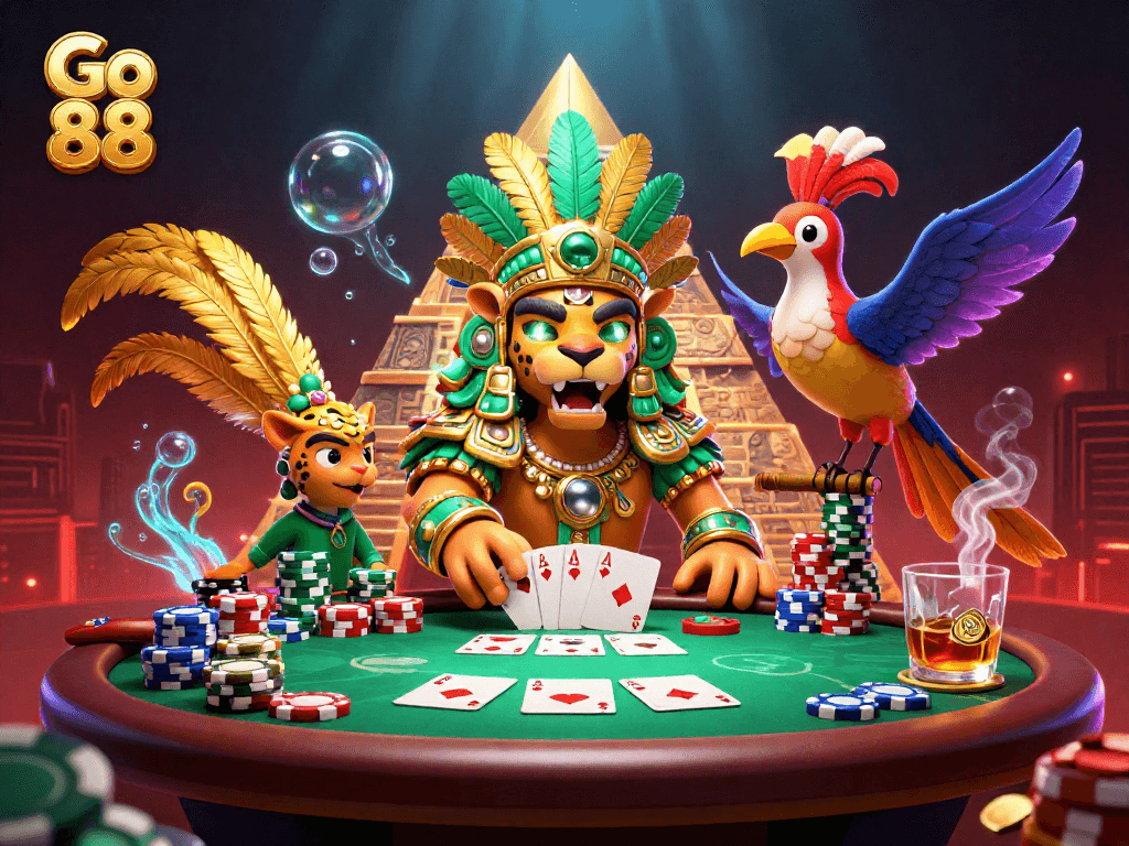 Experience the thrilling Go 88 casino scene with a Mayan jaguar priest and poker elements.