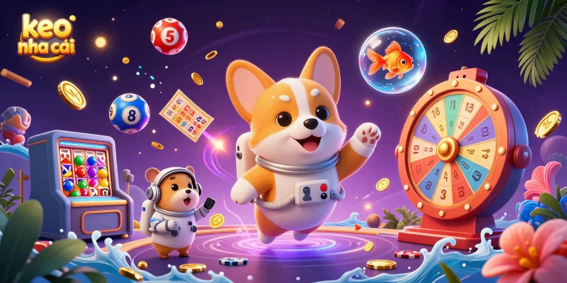 Engage with keo nha cai amid drifting poker chips and colorful lottery balls in a cosmic casino.
