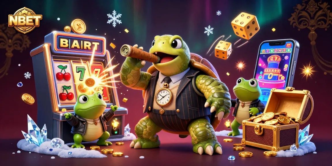 Engage with NBET's vibrant casino scene featuring a snapping turtle and bullfrogs amidst a jackpot explosion.
