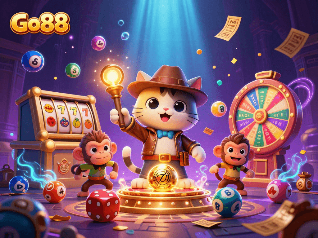 Engage in thrilling gameplay with Go88, uncovering golden casino artifacts amidst vibrant slot reels and dynamic elements.
