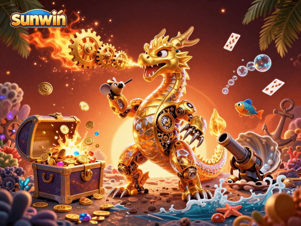 Experience thrilling gameplay at sunwin, featuring a biomechanical dragon amidst a treasure-filled casino