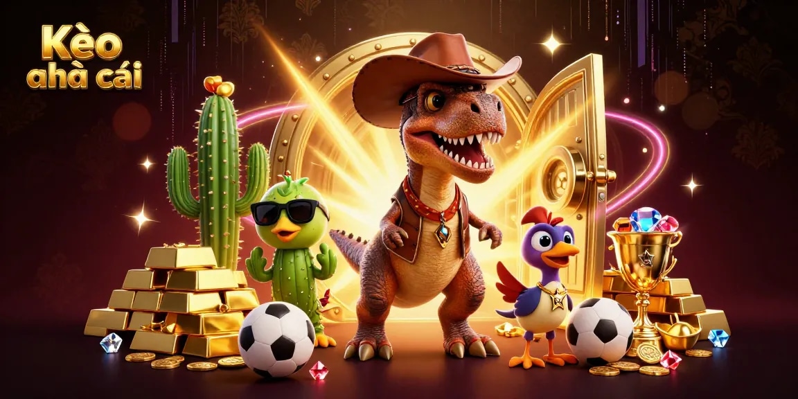 Kèo nhà cái showcases exciting sports betting, featuring a dinosaur and friends amidst treasures and trophies.