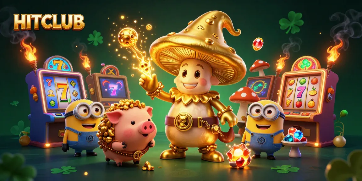 Engage with HITCLUB gaming excitement through golden mushroom wizard and slot machines.