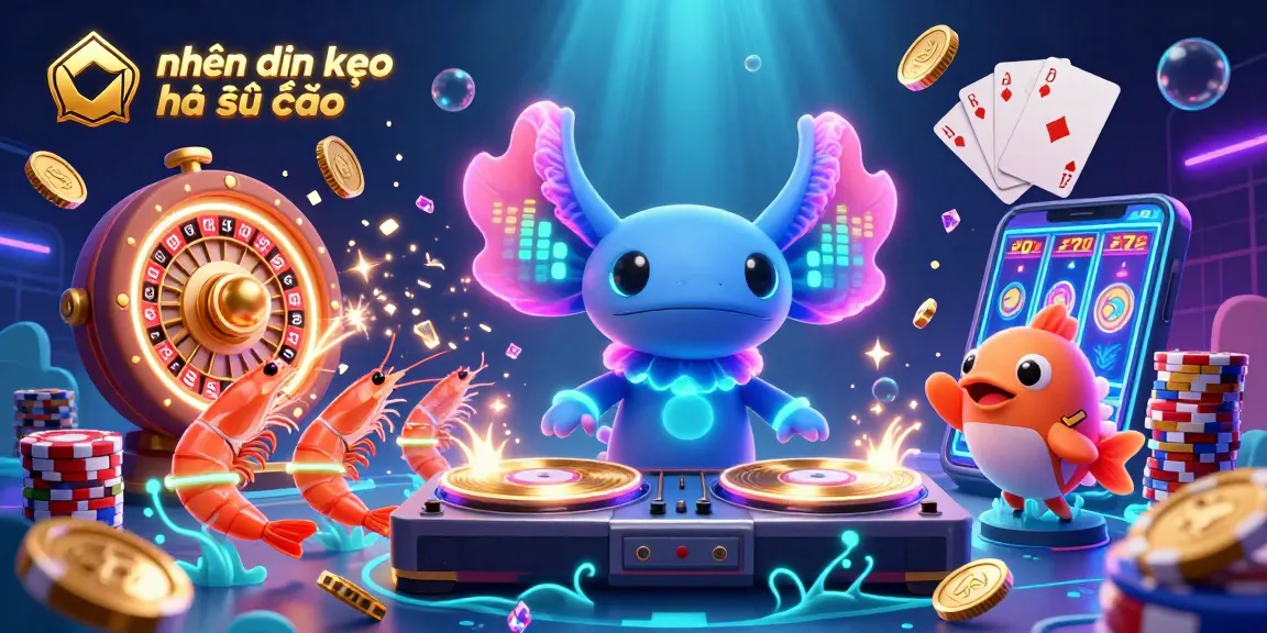 Gamblers enjoy nhận định kèo nhà cái with an axolotl DJ, vibrant casino games, and lively underwater elements.