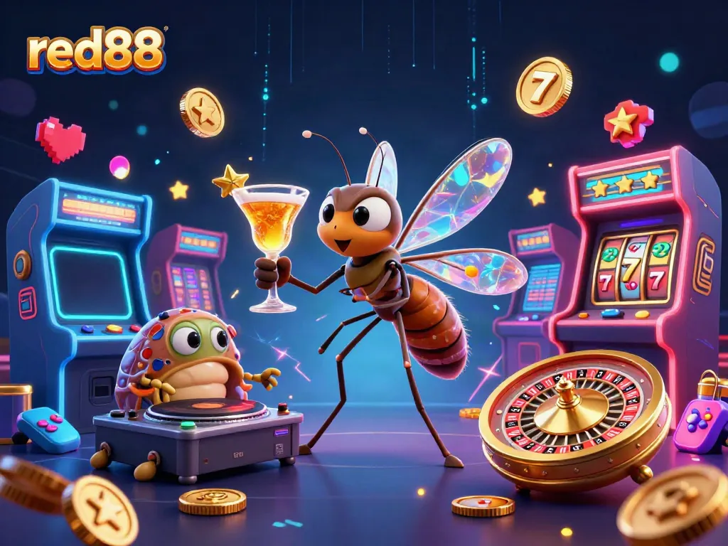 Experience excitement at red88 with vibrant game characters, casino themes, and neon effects.