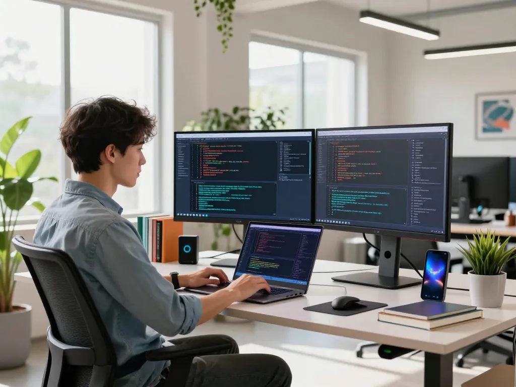 Software engineer at thscrore.app debugging an application interface in a modern tech workspace.