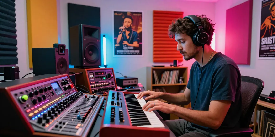 Artist creating music in a vibrant studio, showcasing MM OO's creative process.