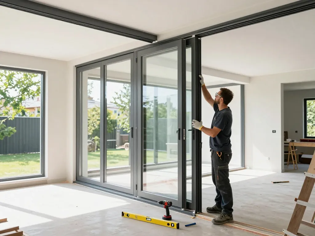 Installateur montiert Fenster Schüco Fenster in einem hellen Wohnumfeld, das modernes Handwerk zeigt.