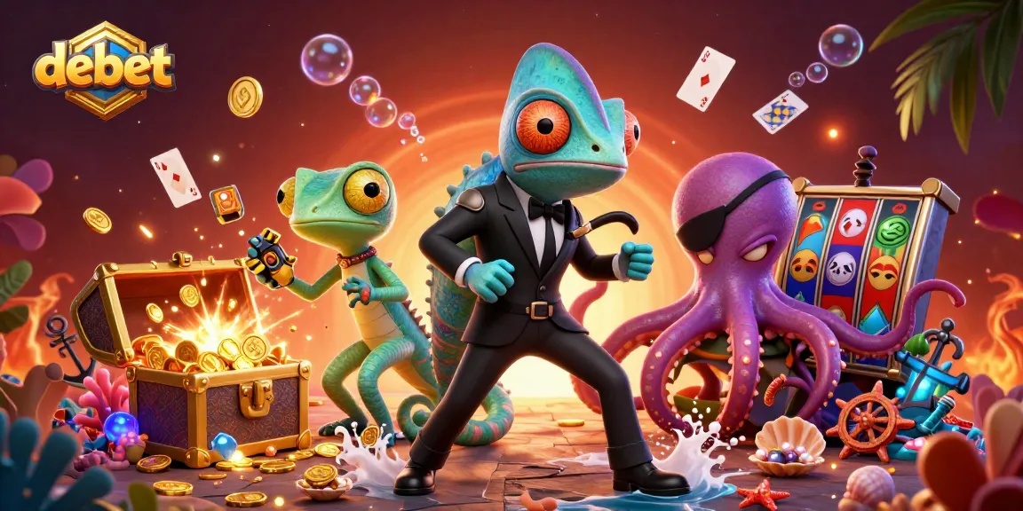 Experience exciting slots with debet as the chameleon, gecko, and octopus explore a vibrant casino scene.