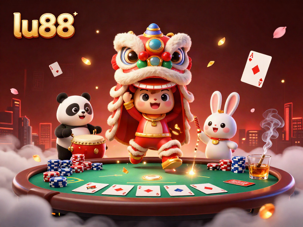 lu88 showcases a lively scene with a lion dance costume, panda drummer, and poker elements in a vibrant casino setting.