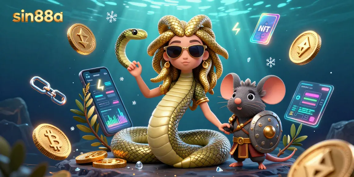 Experience the thrill of sin88a with a vibrant 3D illustration showcasing Medusa and crypto coins.