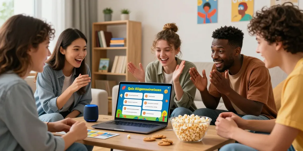 Friends enjoying a quiz Allgemeinwissen game around a laptop in a cozy living room.