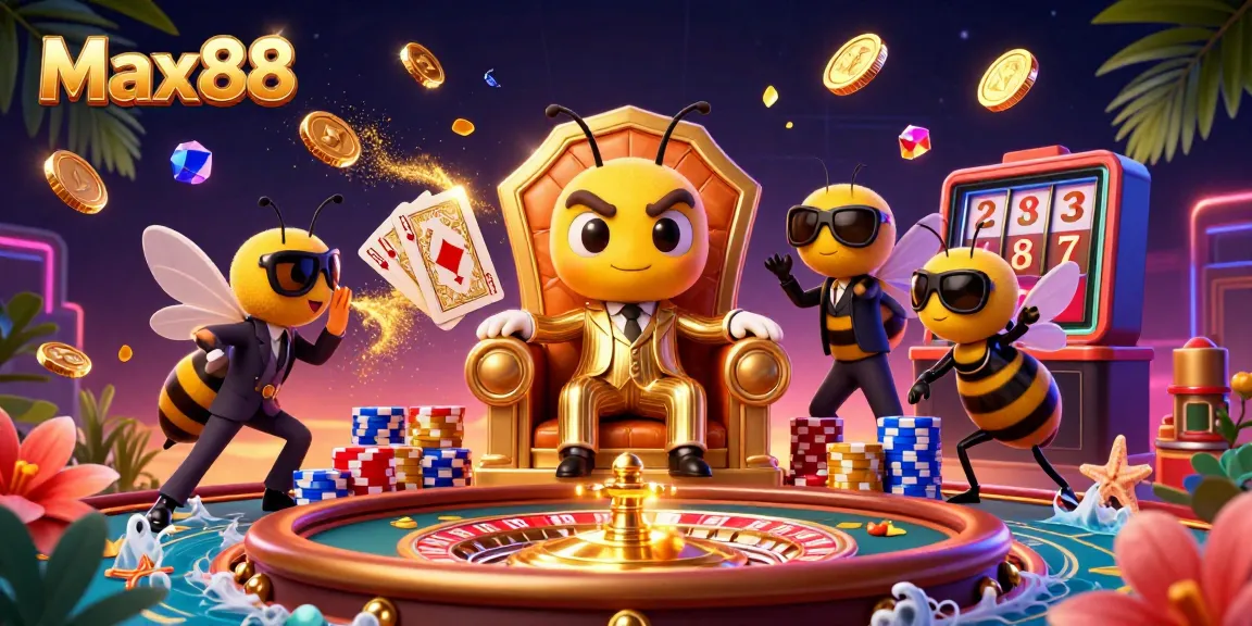 Max88 showcases a vibrant 3D casino scene featuring a bumblebee mob boss, gambling elements, and dynamic visuals.