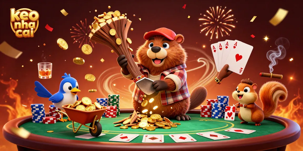 Engage with keo nha cai gambling excitement in a vibrant cartoon illustration featuring a beaver, bird, and squirrel.