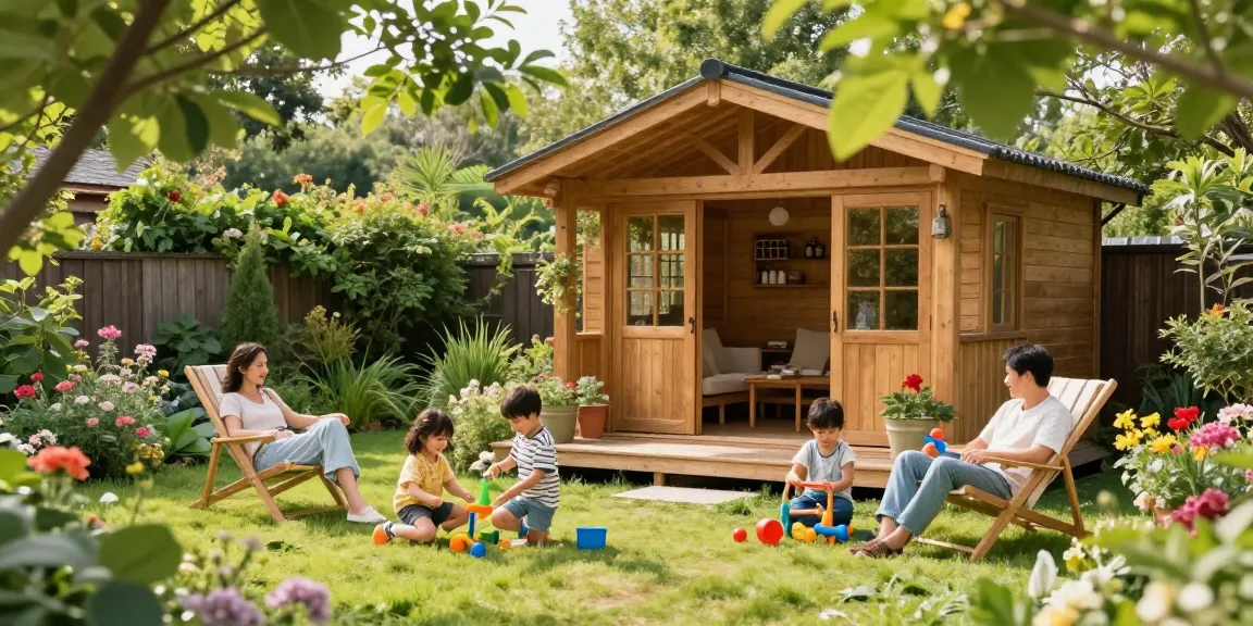 Ein gemütliches Gartenhaus mit einer Familie im Garten, die Zeit miteinander verbringt, umgeben von Blumen und Grün.