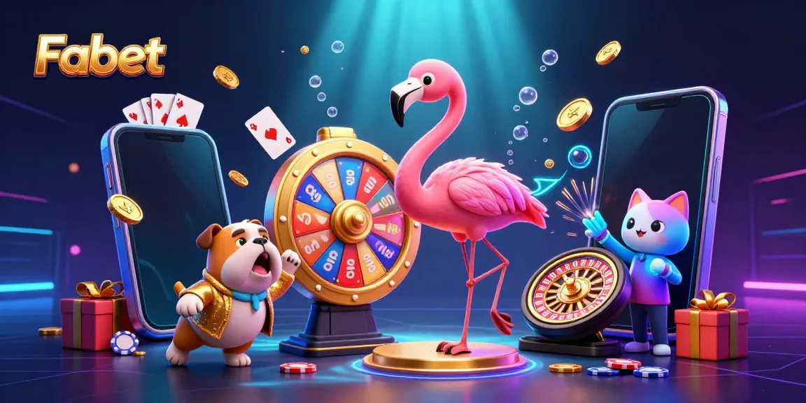 Fabet engages players with a dynamic scene featuring a host, bulldog, and cat showcasing vibrant gambling-themed prizes.