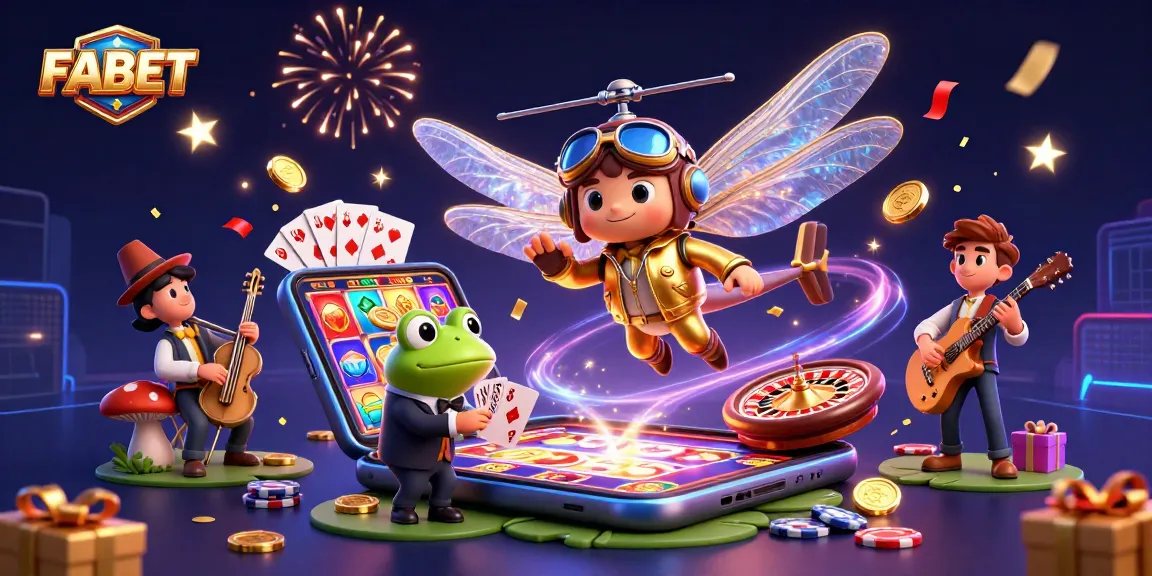 Join the FABET action with a vibrant casino scene featuring a playful dragonfly pilot and frog dealer.