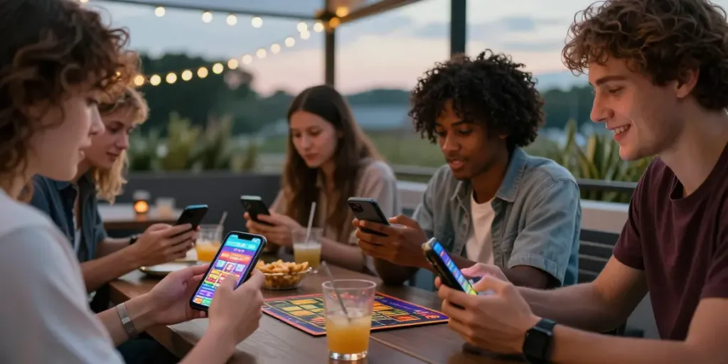 Freunde genießen das Spielen auf mobilen Casinos, während sie in einem stilvollen Außenbereich nach zum vollständigen Mobile-Casino-Ranking suchen.