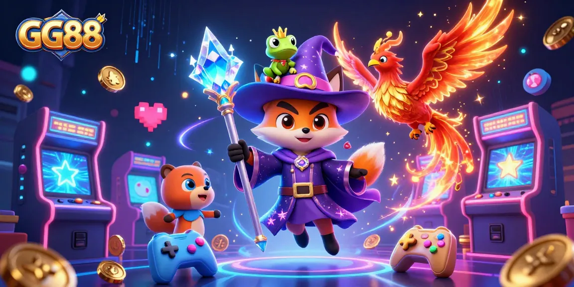 Experience the magical world of GG88 with a mystical wizard fox, a phoenix, and vibrant gaming elements.