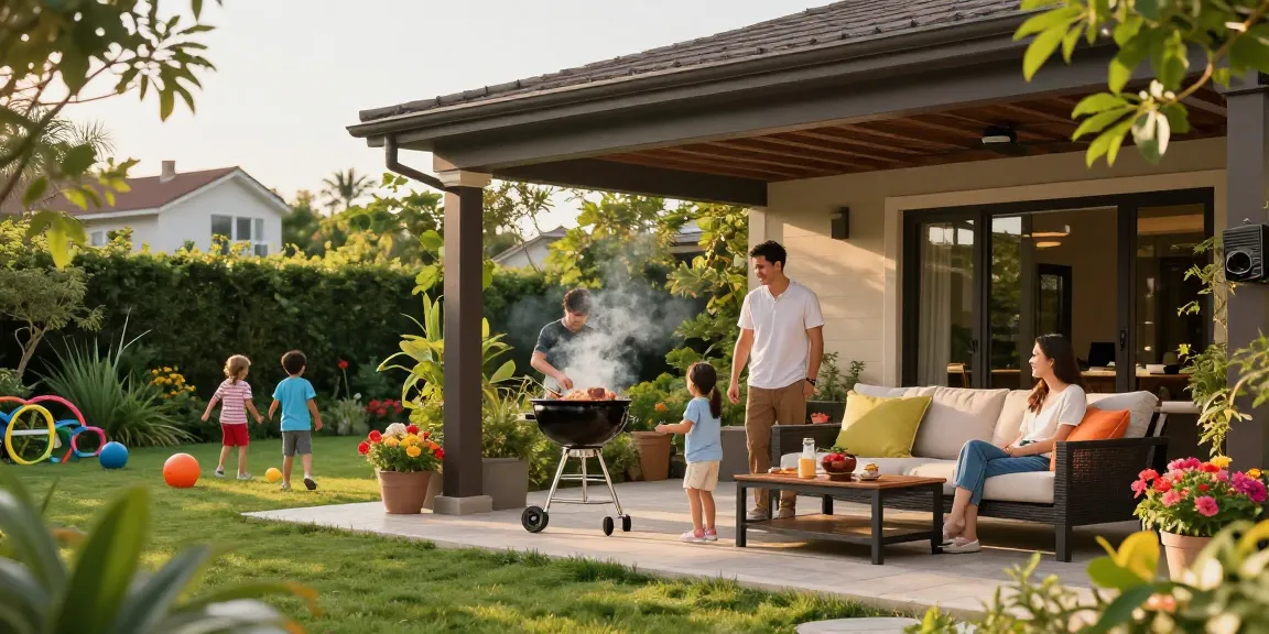 Gemütliche Terrasse mit freistehender Terrassenüberdachung, Familie genießt BBQ.