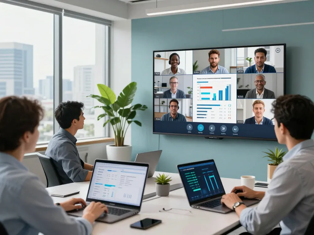 Professional team collaborating on fiber internet solutions at fabetbiz.com, modern office space with tech elements and analytics.
