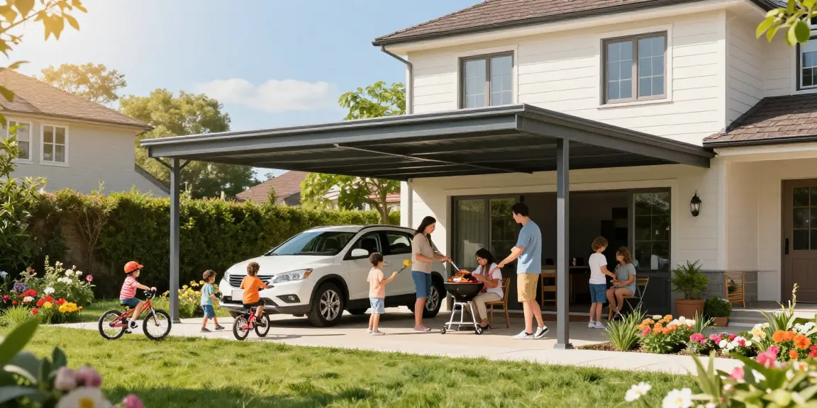 Moderne Carport-Szene mit Familie und Gartenaktivitäten im Freien