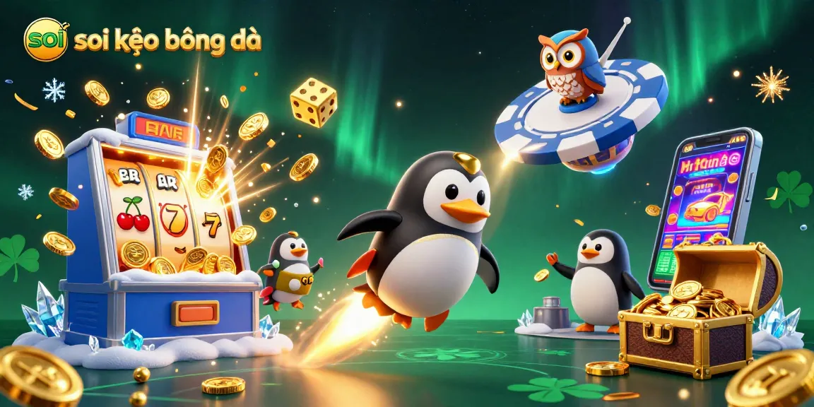 Soi kèo bóng đá illustration featuring vibrant casino elements and interactive characters.